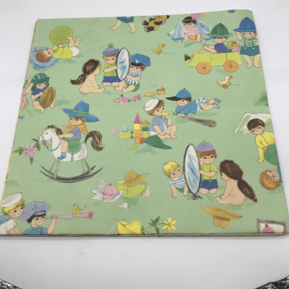 Vintage 1960-70s Baby Shower Kids Wrapping Paper Scraps Decoupage Craft Paper